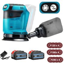 Pedony - 125-mm-Akku-Elektro-Exzenterschleifer, bürstenlos, 6 Geschwindigkeiten, schnell anzubringender Staubbeutel und 12 Scheiben, mit 2 Akkus und