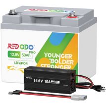 Batterie au Lithium 12V 50Ah Portable rechargeable LiFePO4 +14,6V10A Chargeur de batterie LiFePO4 pour batterie lithium 12V Redodo