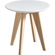Mueblix - Tavolino basso Tavolino rotondo di colore bianco e gambe in pino per l'angolo del soggiorno. 40 cm di diametro x 40 cm di altezza.