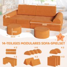 14 Pièces Canapé Modulaire pour Enfants, Canapé Enfant Convertible, Canapé de Jeu Pliable(Orange)
