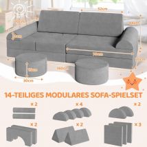14 Pièces Canapé Modulaire pour Enfants, Canapé Enfant Convertible, Canapé de Jeu Pliable(Gris)
