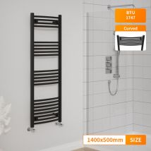 NRG - 1400x500mm Black Heated Towel Rail Radiator Curved Bathroom Heating Rad