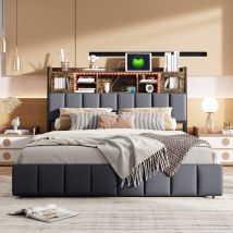 Sureh - 160200cm Queen Bed Frame with 4 Storage Drawers and Bookcase Headboard, Metal Platform Bed with Storage, Farmhouse Metal Platform Bed w/LED