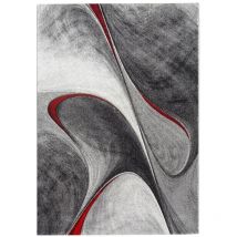 Tapis salon et chambre Ø100cm rouge et gris rond tissé motif géométrique MADILA