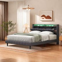 Sureh - 160x200 cm Lit double LED,Lit rembourré avec chargeur usb et Type C,rangement en tête de lit,lit adulte,sommier à lattes,gris