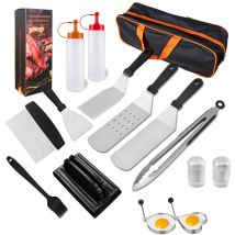 Freosen - 15-teiliges Grillutensilien-Set, Grillspatel aus Edelstahl, Grillzubehör, professioneller Grillspatel für Teppanyaki-Grill und Camping
