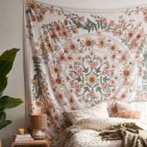 Csparkv - 150 x 200 cm Tapisserie murale beige bohémienne Mandala Médaillon à fleurs - Tapisserie hippie avec couronne blanche esthétique Décoration