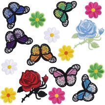 Denuotop - 16 Pièces Fleur Broderie Patch Thermocollant, Papillon Broderie Autocollant Iron on Patches Stickers Ecusson à Coudre pour Vêtements, Sacs