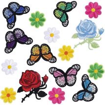Tuserxln - 16 Pièces Fleur Broderie Patch Thermocollant, Papillon Broderie Autocollant Iron on Patches Stickers Ecusson à Coudre pour Vêtements, Sacs
