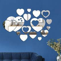 16 Pièces Sticker coeur Mural 3D, Acrylique Miroir Décalques Autocollant Miroir Sticker- Silver