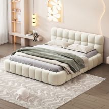 Sureh - 160 x 200 lit 2 Personnes,lit double avec tête et bord souples,lit capitonné,lit de sol,160x200 cadre de lit avec sommier à lattes,lin,beige