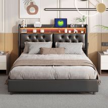 160200cm Cadre de lit king size avec rangement, cadre de lit king size avec station de recharge et éclairage LED en tête de lit, hydraulique sans