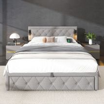 Gutent - 160x200 Lit tapissé avec éclairage d'appoint et port usb, lit de rangement, double, lin, gris