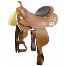 15,5, Marron: Selle Western barrel en cuir graissé, siège en cuir lisse et arceau ralide