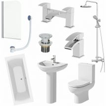 1700mm Complete Bathroom Suite Bath Shower Screen Toilet Pedestal Basin Taps - White