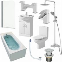 1700mm Single Ended Bathroom Suite Bath Shower Screen Toilet Vanity Basin Taps - White