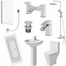 1800mm Bathroom Suite Double Ended Bath Shower Toilet Pedestal Basin Taps Screen