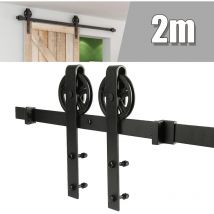2M Juego de rieles para puertas corredizas, acero al carbono negro - Estilo de rueda