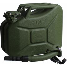 1x Benzinkanister Kraftstoffkanister Metall 10 Liter Hammerschlag Olivgrün inkl. Ausgießer + Halter