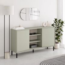2 Door Curved Sideboard - Ash Green Finish - Modern Handleless Storage Unit on Black Metal Legs - 150cm Wide
