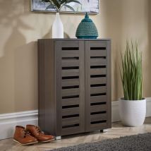 Home Source - 2 Door Dark Brown Wooden Shoe Storage Cabinet Rack Stand Cupboard Slatted Doors