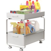 2 Ebenen Unter Waschbecken Regal, Herausziehbarer Spülschrankregal, Aufbewahrung von Schubladen, für Badezimmer Küchen, Kohlenstoffstahl (Weiß)