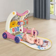 2 en 1 Tapis de jeu pour bébé et trotteur d'apprentissage pour bébé centre d'activités avec piano musical et lumières rose