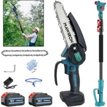 2 in 1 Brushless Cordless Chainsaw Long Reach Pruner Mini Chainsaw with 2 Chains 2 x 5.5A Battery + Charger Compatible with Makita Battery