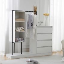 2 In 1 Kleiderständer Aus Holz, Garderobenset, Garderobenständer Mit 4 Schubladen + 3 Ablagefächern, Weißer Kleiderschrank