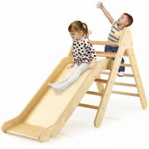 Gymax - 2-in-1 Triangle Climbing Set Kids Wooden Triangle Climber With Adjustable Slide