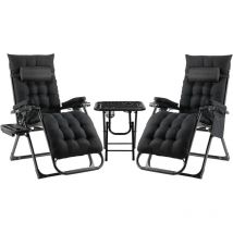 Liferun - 2 klappbare Garten-Loungesessel mit 1 Tisch, abnehmbare Sitz- und Kopfpolster, verstellbare Rückenlehne, schwarz