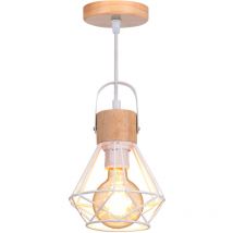 Wottes - Lampe Suspension E27 Vintage en Métal Cage et Bois Lustre Suspension Uisine Chambre Salon Luminaire Blanc - 1Pcs