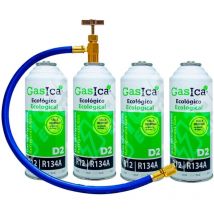 2 pack ahorro (2x226Gr) Botellas Gas Refrigerante Gasica D2 sustituto de R12, R134A más manguera con llave recarga Gas