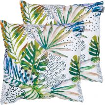 Bean Bag Bazaar - 2 Pack Outdoor Cushion -43cm x 43cm - Palm Print, Ready Fibre Filled, Water Resistant - Decorative Scatter Cushions for Garden
