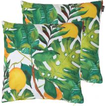 Bean Bag Bazaar - 2 Pack Outdoor Cushion - 43cm x 43cm - Yellow Lemon Leaf, Ready Fibre Filled, Water Resistant - Decorative Scatter Cushions for