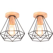 2 Pack Retro Diamond Ceiling Light Industrial Metal and Wood Cage E27 40W Ceiling Lamp for Corridor Stairs Bedroom Entrance Black