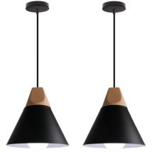 Lustre Suspension Moderne Plafonnier Luminaire en Métal et Bois Lampe à Suspension Réglable Noir E27 Ø22CM - 2Pcs