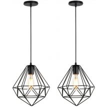 Wottes - Vintage Industrial Pendant Light Diamond Cage Metal Hanging Ceiling Lamp Indoor Chandelier 2Pcs