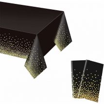 2 Pièces Nappe à Pois Imperméable Plastique, 137x274 cm Nappe Noir avec Dorés à Pois, Nappes de Fête Rectangulaire Jetable pour Les Mariage