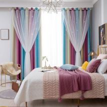 2 Pièces Rideau Occultant avec Blanc Voilages, Décoration de Fenêtre Couleurs Dégradé Motif Etoiles Perforées, Rideaux Chambre Fille -132 x 210cm,