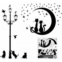Ahlsen - 2 pièces chat noir stickers muraux ensemble auto-adhésif pour la décoration murale, lampadaire étoile chat stickers muraux stickers muraux