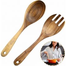 Fei Yu - 2 Pièces Cuillère Salade Bois, Fourchette à Salade Bois, Serveurs Salade Bois, Naturel Bois d'Acacia Portable Fait Main Cuillères Fourchette