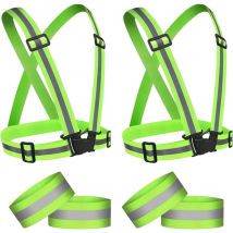 2 Pièces Gilet Réfléchissant et 4 Pièces Bracelet de Sécurité Réfléchissant, Haute Visibilité Polyester Gilet Vélo Réglable Elastique Gilet de