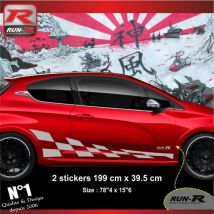Adnauto - 2 stickers bas de caisse 00GA2 199x39.5cm grand damier Argent compatible avec Peugeot 206 207 208 - Run-R