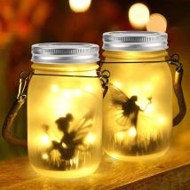 2 Stück Solarlaterne für den Außenbereich, Fairy Solar Mason Jar, hängend/stehend, IP65 wasserdicht, für Balkon, Garten (Warmweiß 9 x 9 x 14 cm)