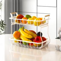 2-stufiger Obst-Aufbewahrungskorb, Küchenarbeitsplatten-Organizer mit Holzgriff, Netzschale aus Karbonstahl für Brot, Gemüse, Obstkorb, abnehmbarer