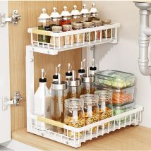 2 Tier Under Sink Organizer Sliding Cabinet Basket Storage Rack Pull-out Finishing Seasoning Bathroom Kitchen Organizer - White