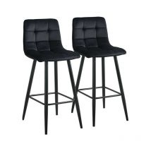 2 x Bar Stools, Velvet Breakfast Bar Chairs with Backrests and Matt Metal Legs Seat Hight 65cm, Black