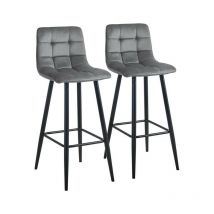 2 x Bar Stools, Velvet Breakfast Bar Chairs with Backrests and Matt Metal Legs Seat Hight 75cm, Grey