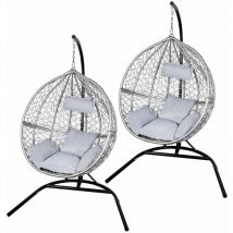 Jardí - Lot de 2 Chaises Suspendues Grises en Rotin Jardin Patio Extérieur Intérieur Eté Fourniture Egg Chair Siège Terrasse [Set Coussins,